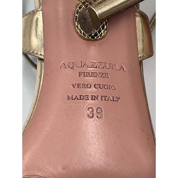 Aquazzura Gold Mirrored Patent Leather Strappy Heel Open Toe Sandals Sz 39/8 - Picture 9 of 12